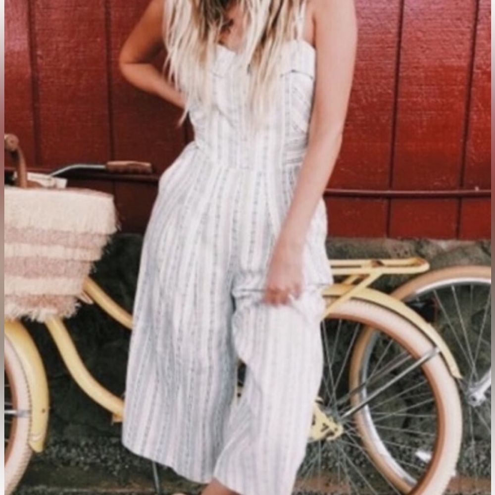 Greylin Anthropologie Striped‎ Linen & Cotton Jumpsuit Cropped Wide Leg Zip Up S
